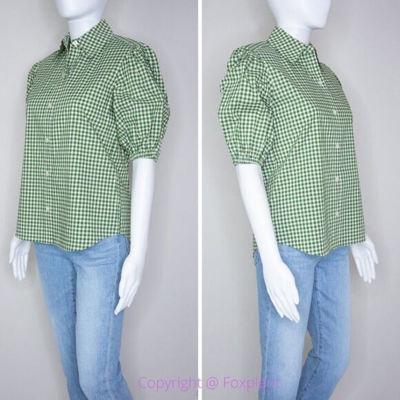 NWT kate spade mini gingham button-front shirt, Green & White - Picture 5 of 15